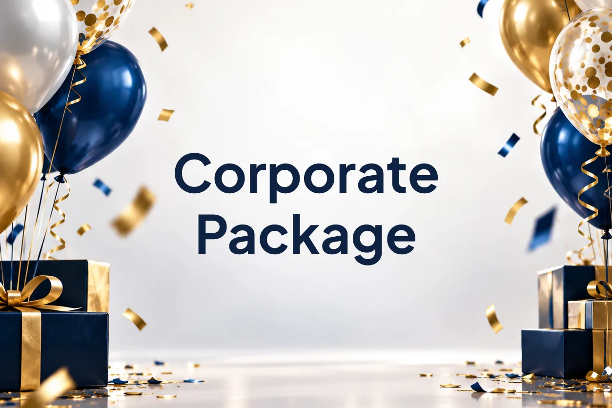Corporate Package: navy, gold, and white balloons with wrapped gifts and confetti