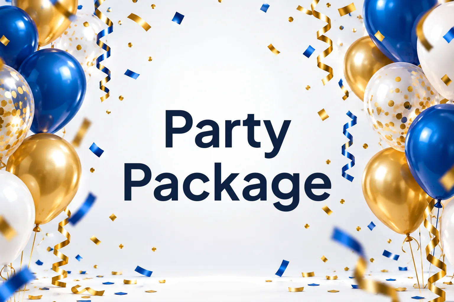 Party Package: blue, gold, and white balloons with confetti