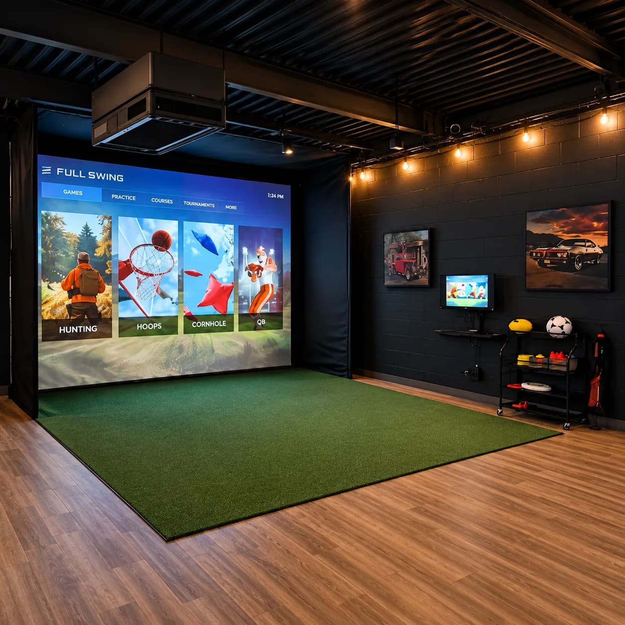 The MultiSport Zone simulator: a large screen showing game choices above a turf hitting area, with string lights and a rack of sports gear